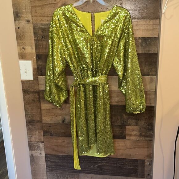Anthropologie Chartreuse Lisabette Sequin Wrap Mini Dress, NWT - Picture 3 of 12